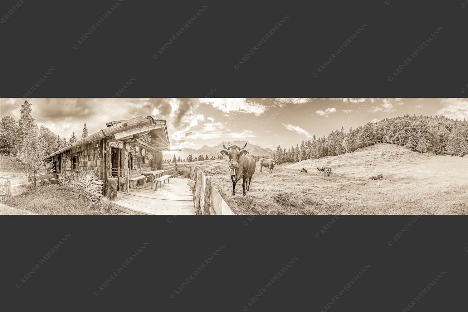 Malerische Almhütte bei Mittenwald mit Karwendel - Almbiente 4:1 sepia -- Mittenwald Alm Buckelwiesen Karwendel - mehr Infos bei www.Kriner-Weiermann.de
