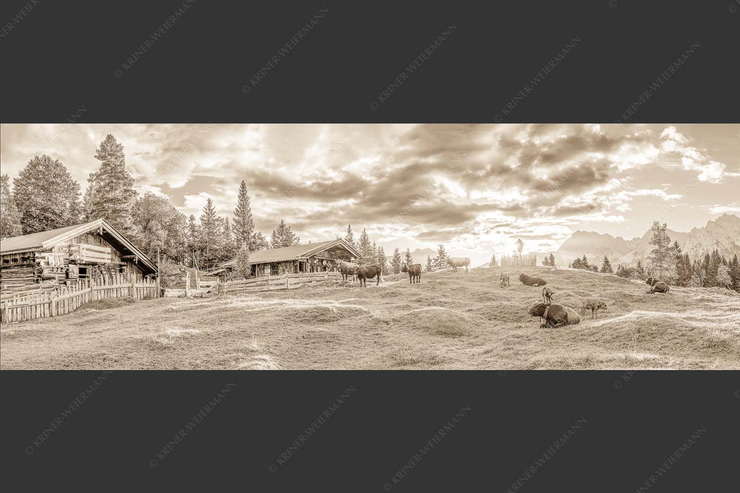 Friedliche Almwiese bei Mittenwald mit Karwendel im Morgenlicht - Oimarisch 3:1 sepia -- Mittenwald Buckelwiesen Alm - mehr Infos bei www.Kriner-Weiermann.de