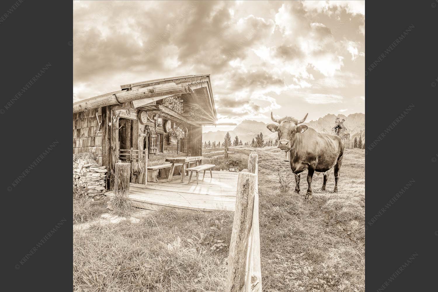 Malerische Almhütte bei Mittenwald mit Karwendel - Almbiente II 1:1 sepia -- Mittenwald Alm Buckelwiesen Karwendel - mehr Infos bei www.Kriner-Weiermann.de