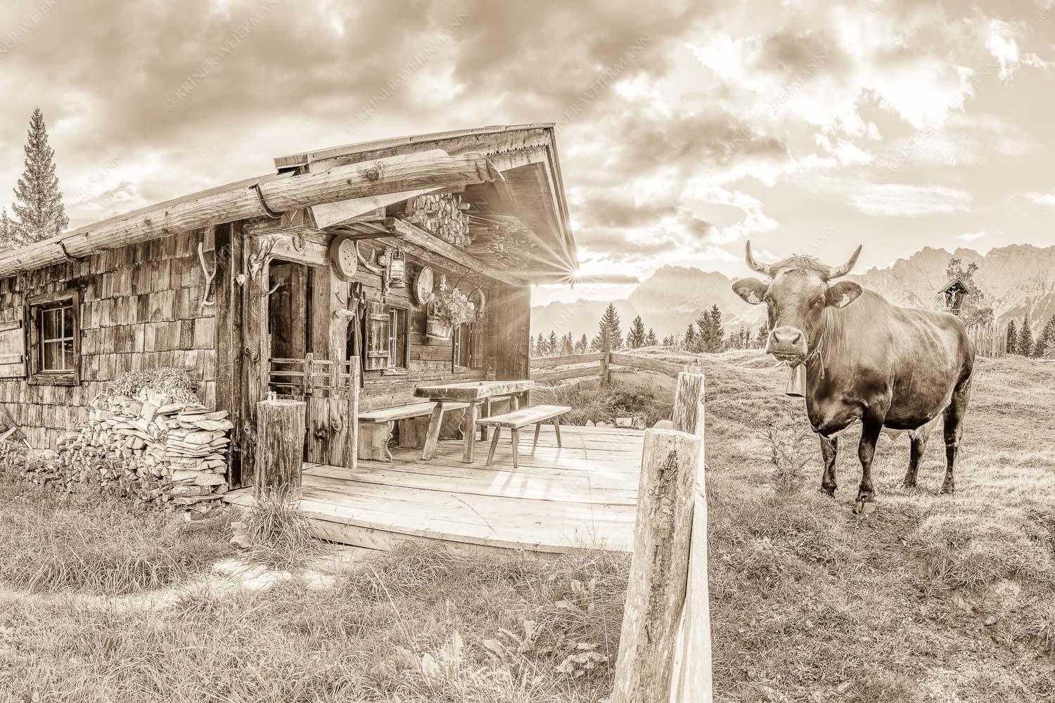 Malerische Almhütte bei Mittenwald mit Karwendel - Almbiente II 3:2 sepia -- Mittenwald Alm Buckelwiesen Karwendel - mehr Infos bei www.Kriner-Weiermann.de