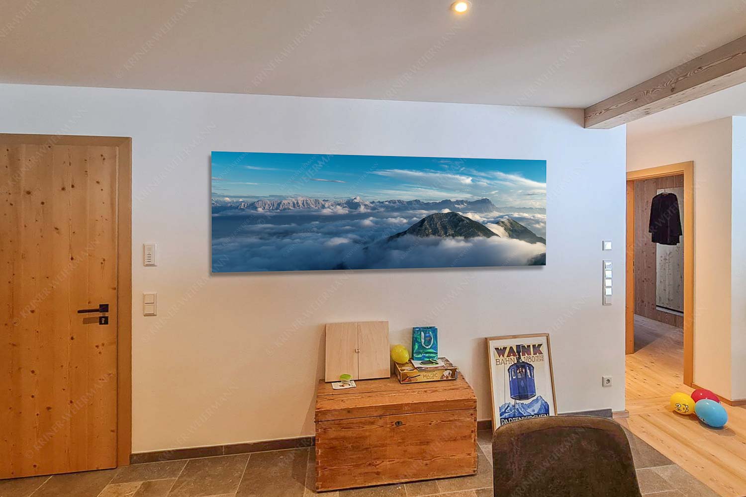 Blick vom Estergebirge ins Wettersteingebirge mit Zugspitze - Küche (2) Zufriedenheit-Wetterstein Panorama 3:1 - mehr Infos bei www.Kriner-Weiermann.de