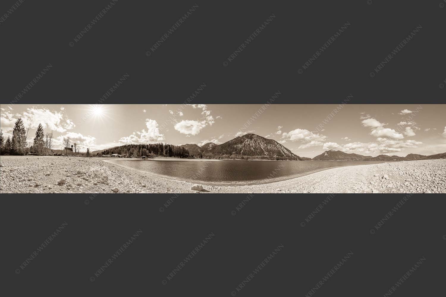 Blick über den Walchensee zum Herzogstand und Jochberg - Tiefstand 5:1 sepia -- Walchensee Herzogstand Jochberg - mehr Infos bei www.Kriner-Weiermann.de