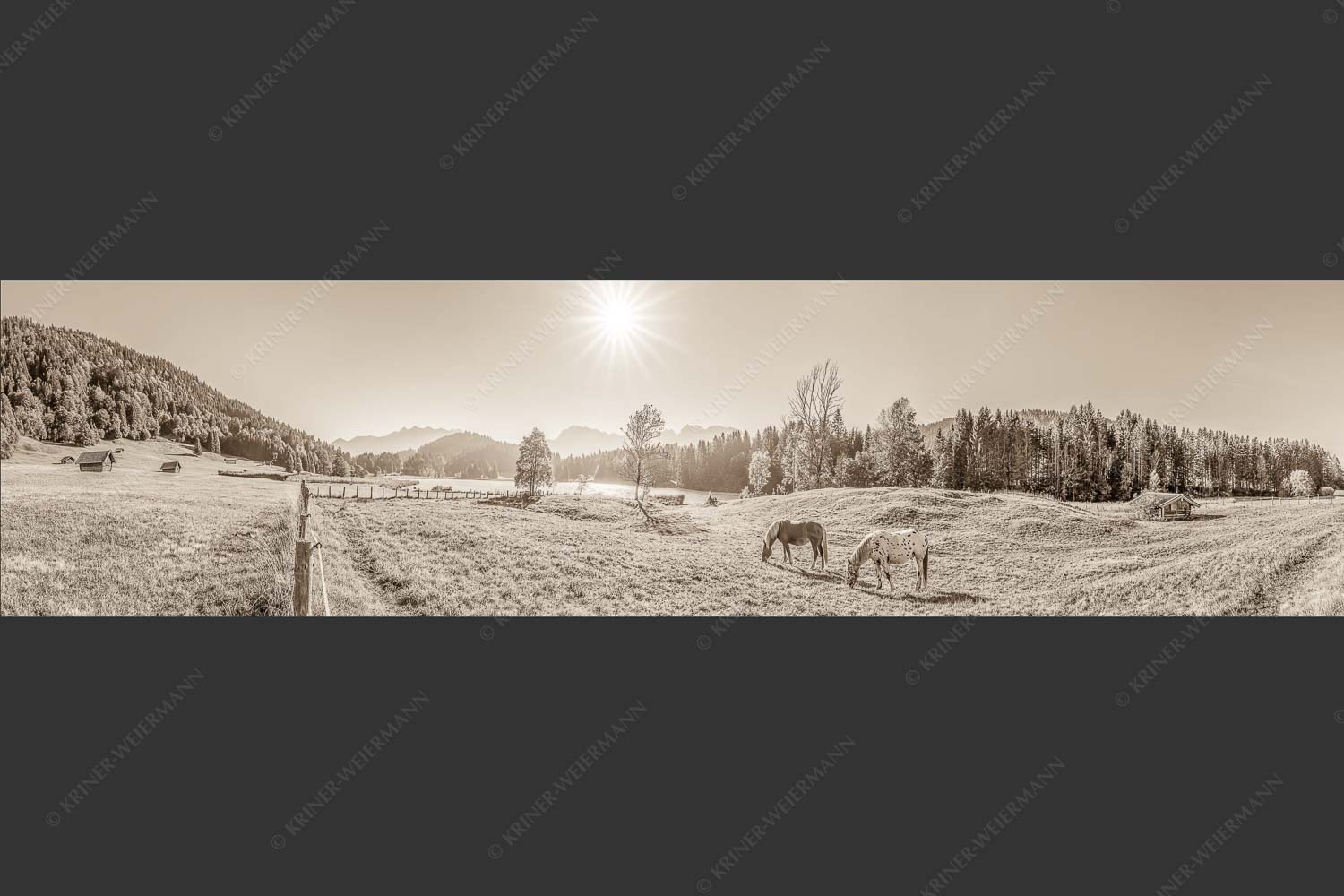 Zwei Pferde auf Herbstweide vor dem Geroldsee mit Blick zum Wörner im Karwendel - Zwischen Pferd und Berg 4:1 sepia -- Geroldsee Karwendel - mehr Infos bei www.Kriner-Weiermann.de