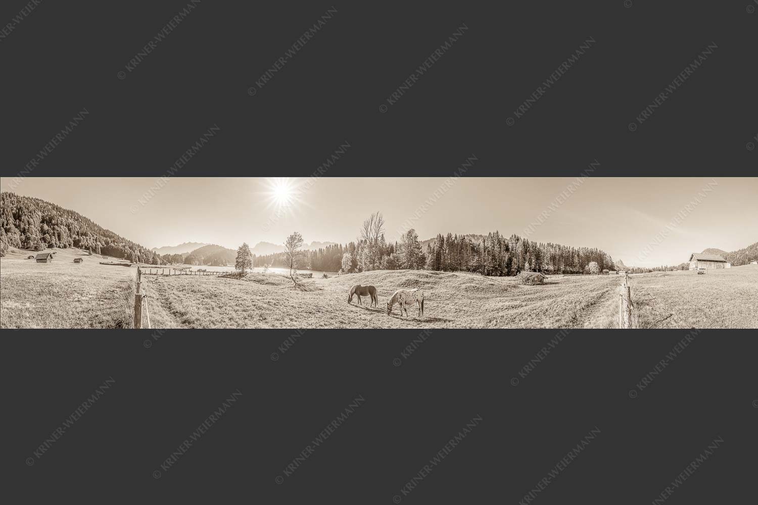 Zwei Pferde auf Herbstweide vor dem Geroldsee mit Blick zum Wörner im Karwendel - Zwischen Pferd und Berg 5:1 sepia -- Geroldsee Karwendel - mehr Infos bei www.Kriner-Weiermann.de