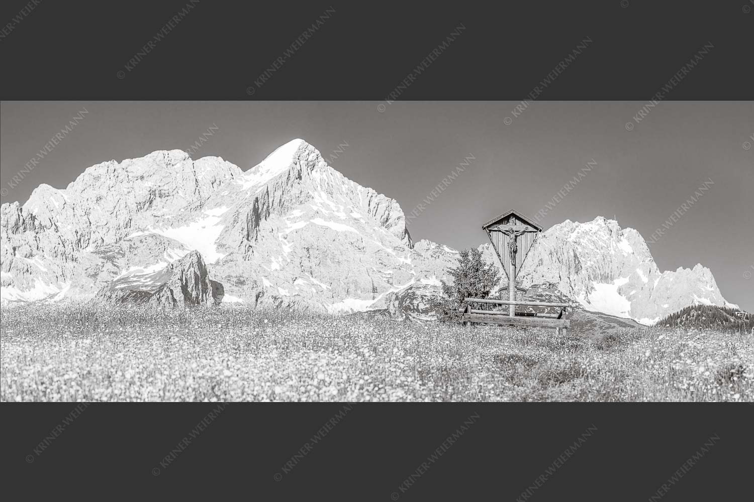 Blick über Blumenwiese am Eckbauer zum Zugspitzmassiv - Wegkreuz 2,5:1 sw -- Alpine Kulturlandschaft Alpspitze Zugspitze - mehr Infos bei www.Kriner-Weiermann.de