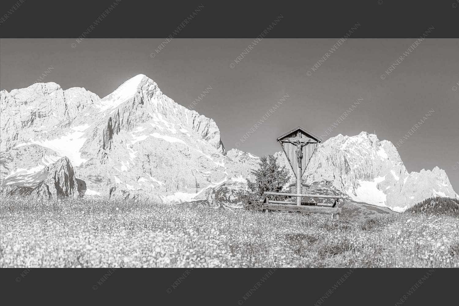 Blick über Blumenwiese am Eckbauer zum Zugspitzmassiv - Wegkreuz 2:1 sw -- Alpine Kulturlandschaft Alpspitze Zugspitze - mehr Infos bei www.Kriner-Weiermann.de