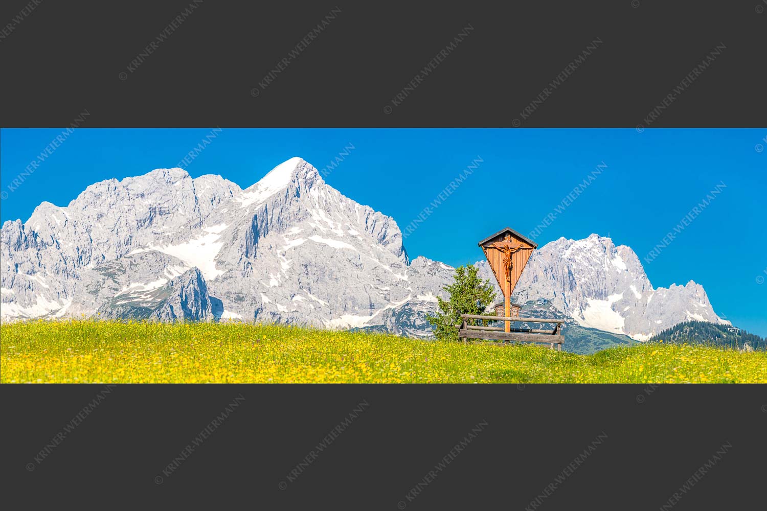 Blick über Blumenwiese am Eckbauer zum Zugspitzmassiv - Wegkreuz 3:1  -- Alpine Kulturlandschaft Alpspitze Zugspitze - mehr Infos bei www.Kriner-Weiermann.de