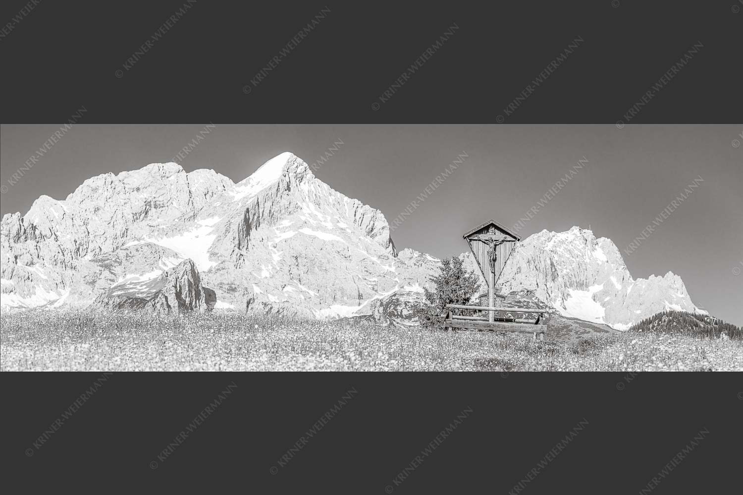 Blick über Blumenwiese am Eckbauer zum Zugspitzmassiv - Wegkreuz 3:1 sw -- Alpine Kulturlandschaft Alpspitze Zugspitze - mehr Infos bei www.Kriner-Weiermann.de