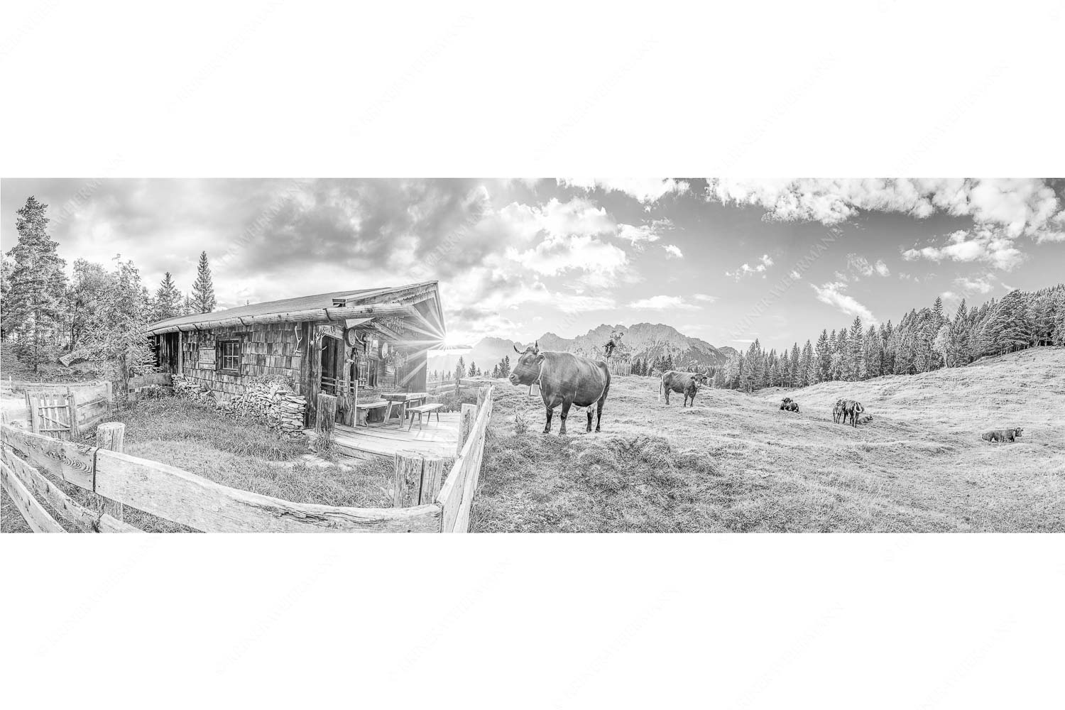 Malerische Almhütte bei Mittenwald mit Karwendel - Almbiente III_3zu1_sw - mehr Infos bei www.Kriner-Weiermann.de