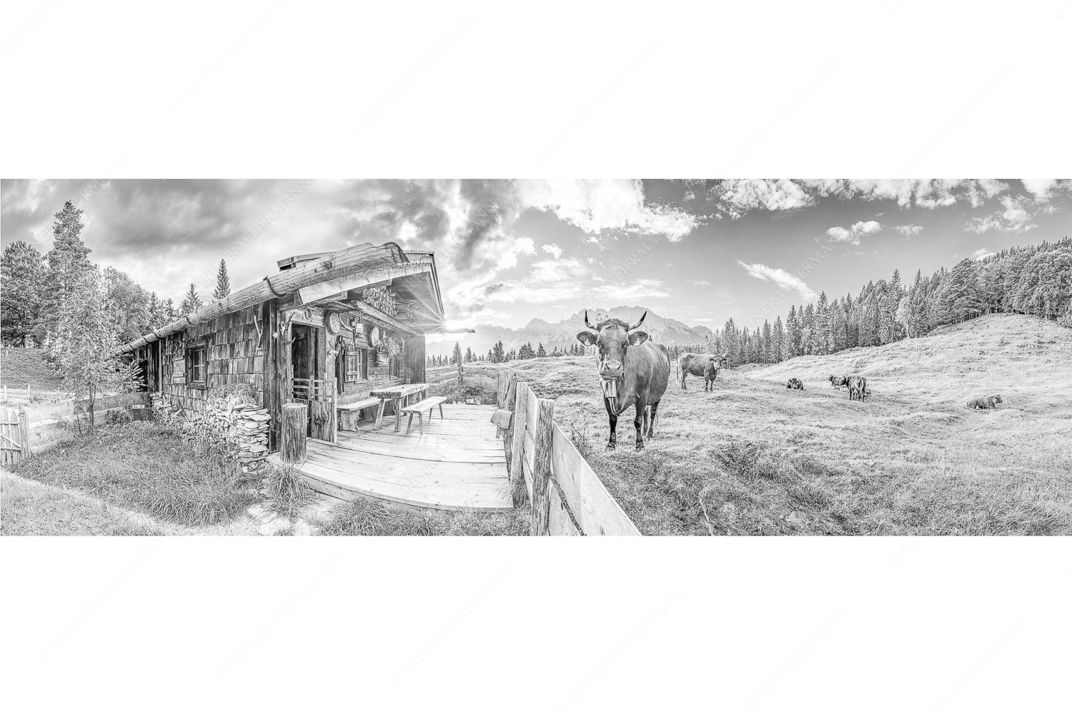 Malerische Almhütte bei Mittenwald mit Karwendel - Almbiente_3zu1_sw - mehr Infos bei www.Kriner-Weiermann.de