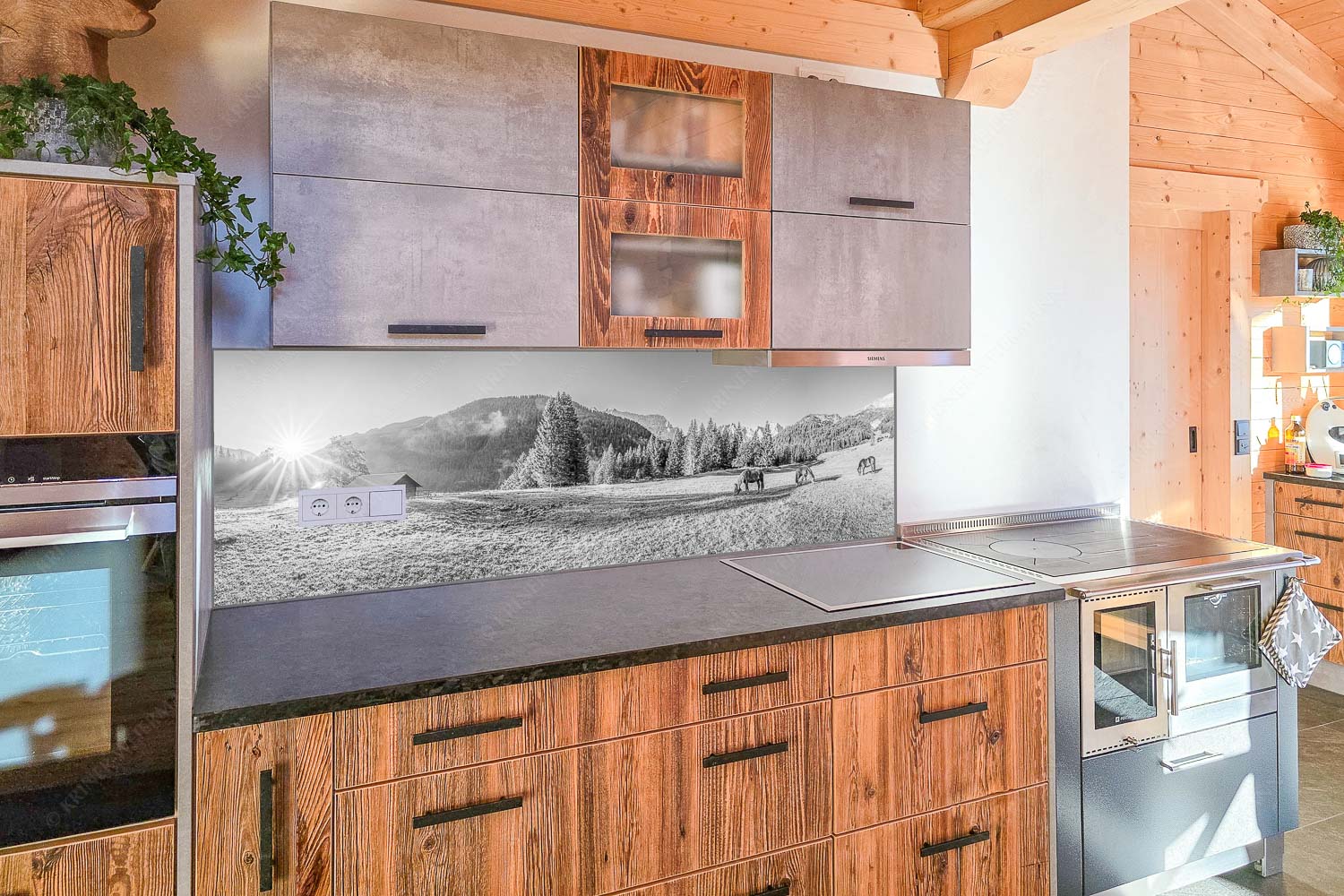 Pferde auf der Brandlealm mit Soiernspitze und Karwendelgebirge - Küchenzeile=1 Almharmonie-Pferde Brandlealm Karwendel 3:1 sw - mehr Infos bei www.Kriner-Weiermann.de