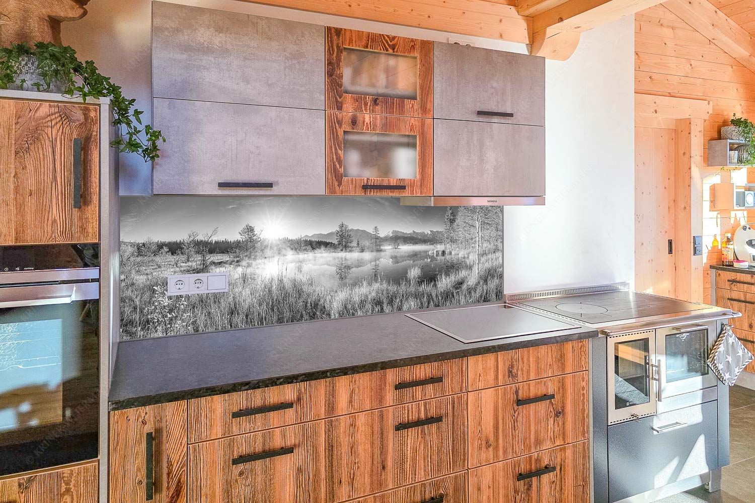 Sonnenaufgang am Barmsee mit Blick zum Karwendelgebirge - Küchenzeile=1 Am Barmsee-Karwendelblick 3:1 sw - mehr Infos bei www.Kriner-Weiermann.de