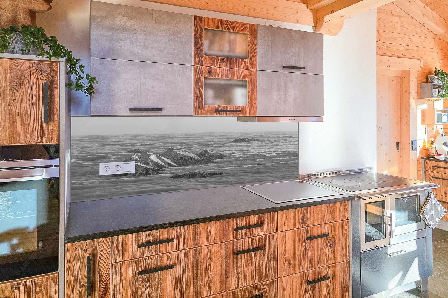 Der Blick von der Zugspitze auf das Estergebirge das wie Inseln aus dem Nebel ragt - Küchenzeile=1 Atlantis-Estergebirge im Nebelmeer 3:1 sw - mehr Infos bei www.Kriner-Weiermann.de