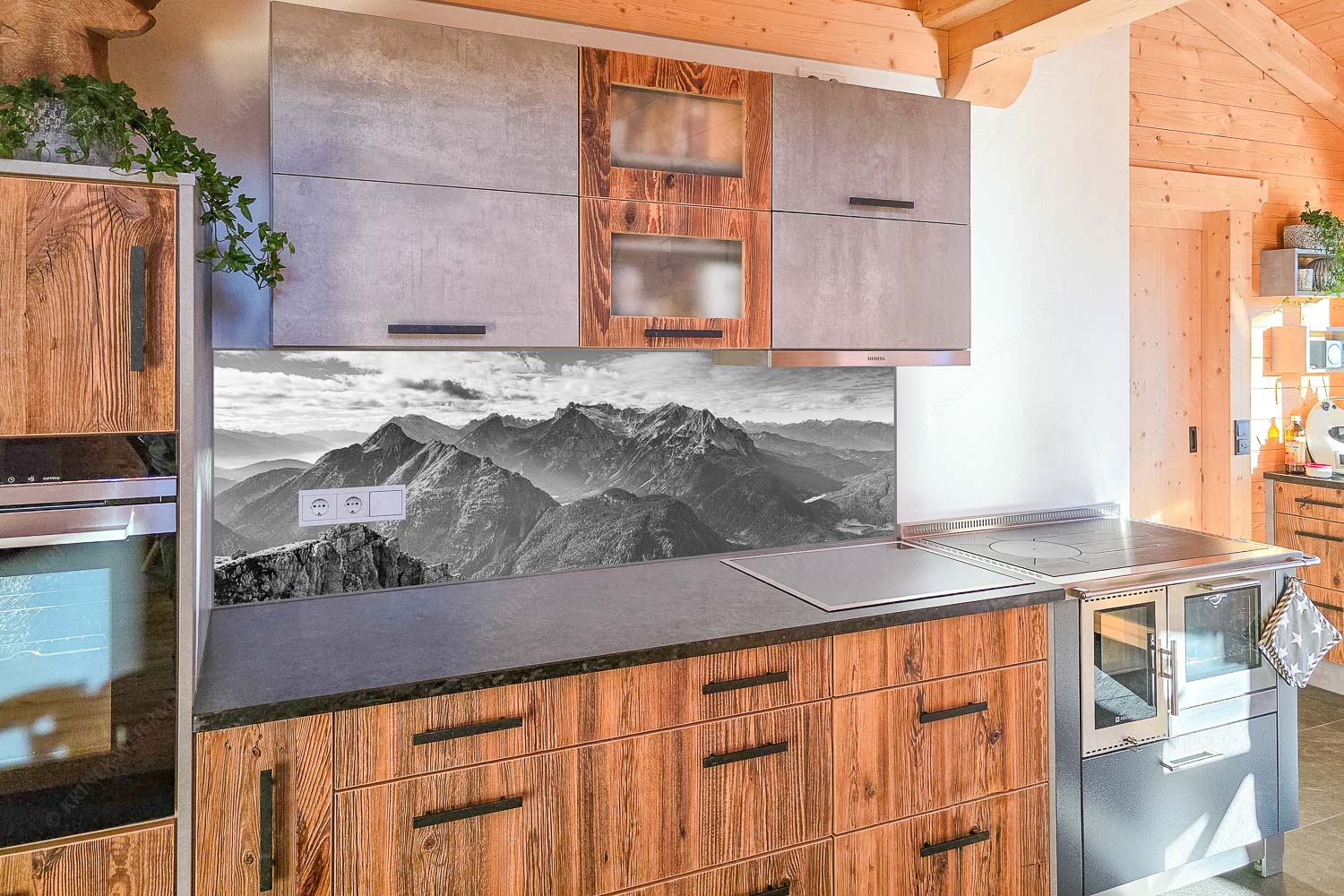 Blick vom Karwendel auf Arnspitzen und Wettersteinmassiv - Küchenzeile=1 Aussichtspunkt-Heinrich-Noe-Weg im Karwendel 3:1 sw - mehr Infos bei www.Kriner-Weiermann.de