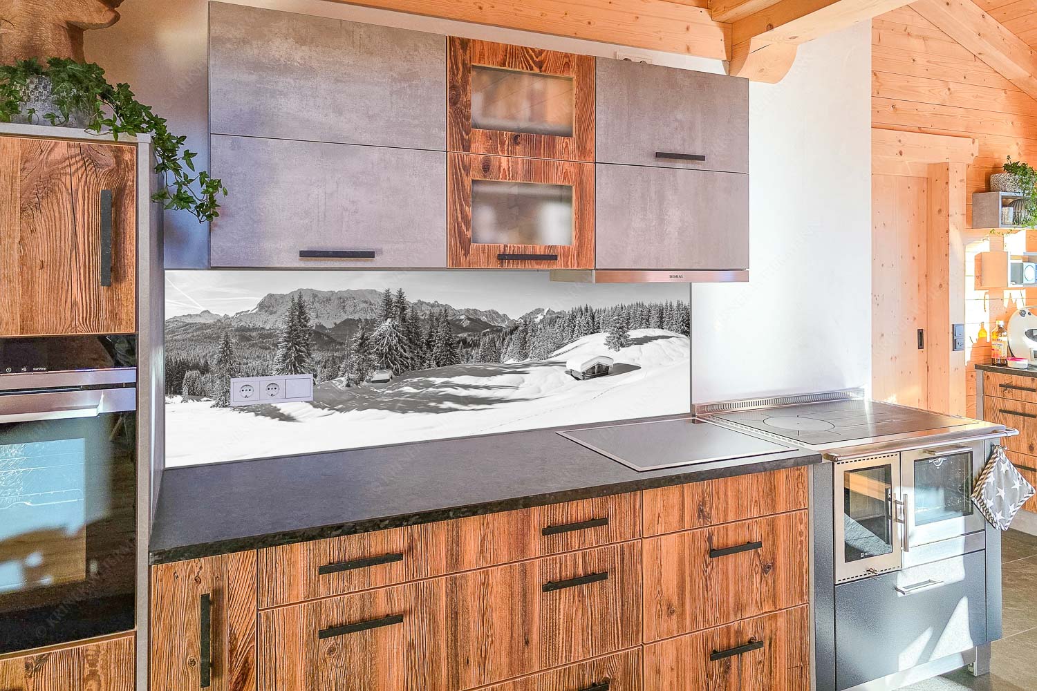 Blick über Winterlandschaft und Wiesmahdstadel zum Wettersteingebirge - Küchenzeile=1 Fährte-Viel Schnee am Stadel mit Wetterstein 3:1 sw - mehr Infos bei www.Kriner-Weiermann.de