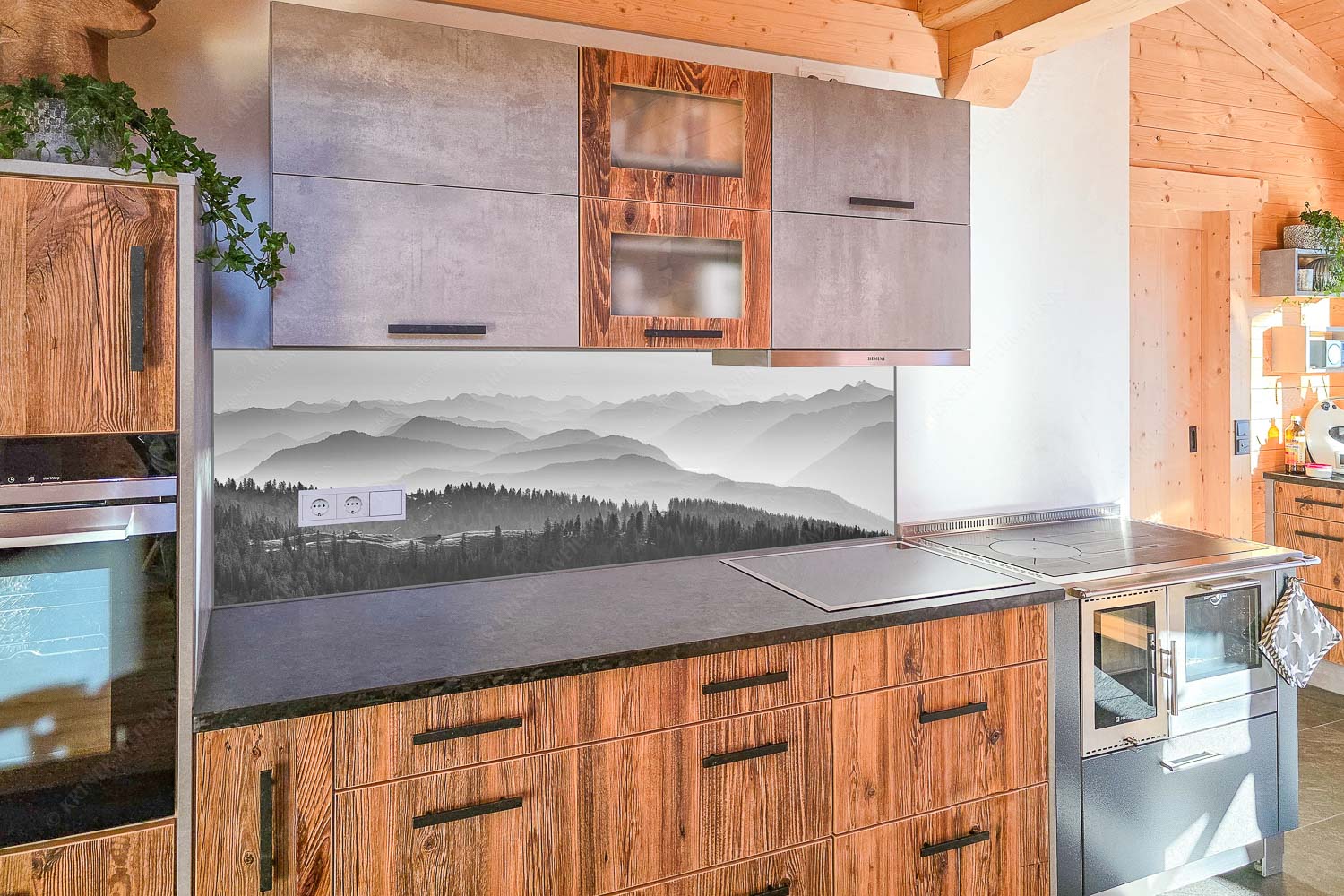 Morgenstimmung bei der Krüner Alm mit Panoramablick vom Wendelstein bis Zugspitze - Küchenzeile=1 Über d Oima-Bayerische Voralpen mit Krüner Alm 3:1 sw - mehr Infos bei www.Kriner-Weiermann.de