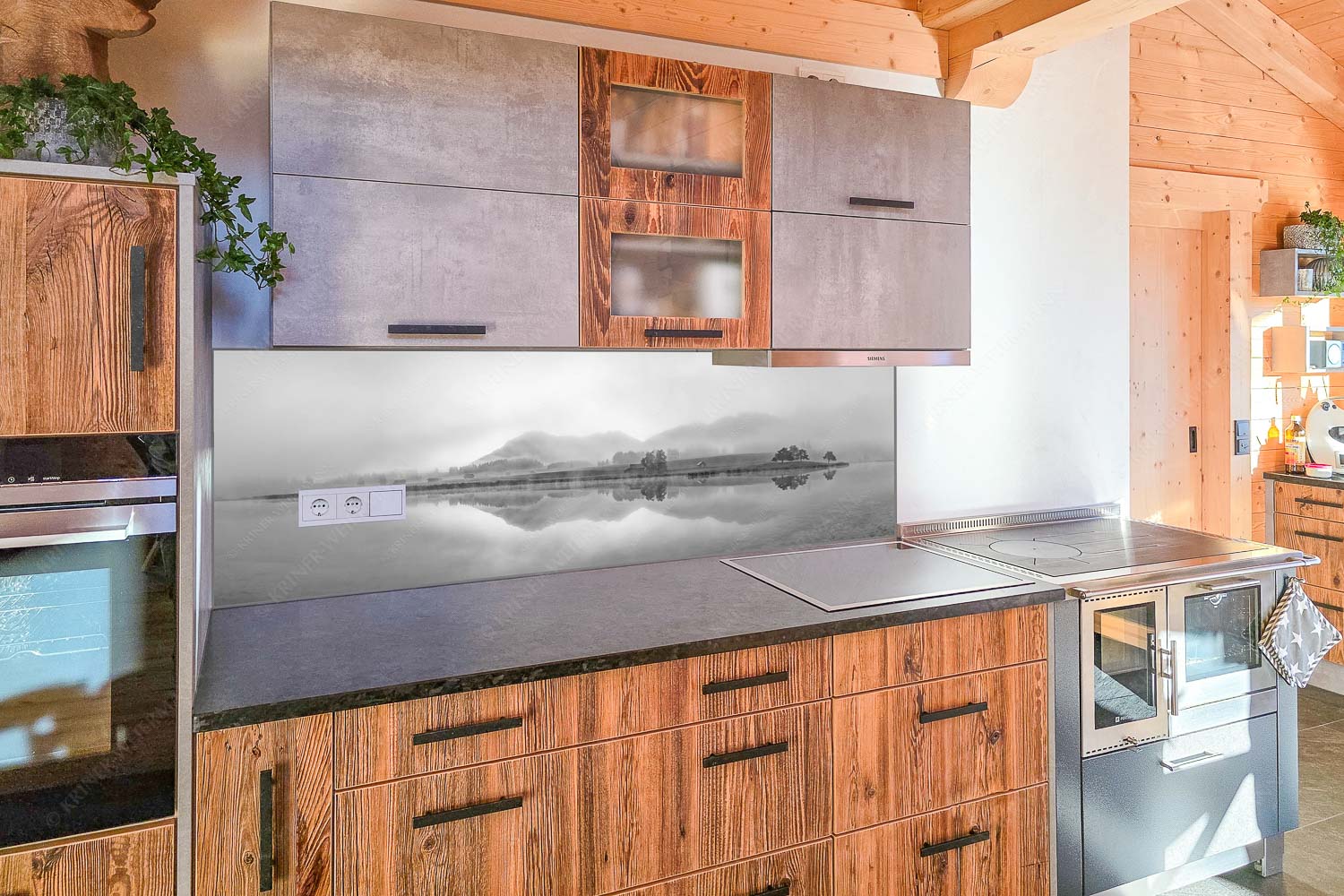 Einzigartige Morgenstimmung mit Licht und Nebel am Schmalensee bei Sonnenaufgang - Küchenzeile=1 Zwielicht-Schmalensee mit Soierngebirge 3:1 sw - mehr Infos bei www.Kriner-Weiermann.de