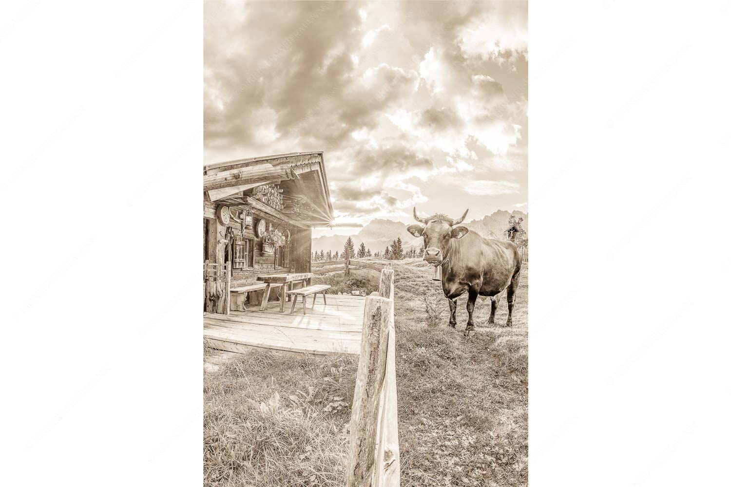 Malerische Almhütte bei Mittenwald mit Karwendel - Almbiente II_2zu3_sepia - mehr Infos bei www.Kriner-Weiermann.de