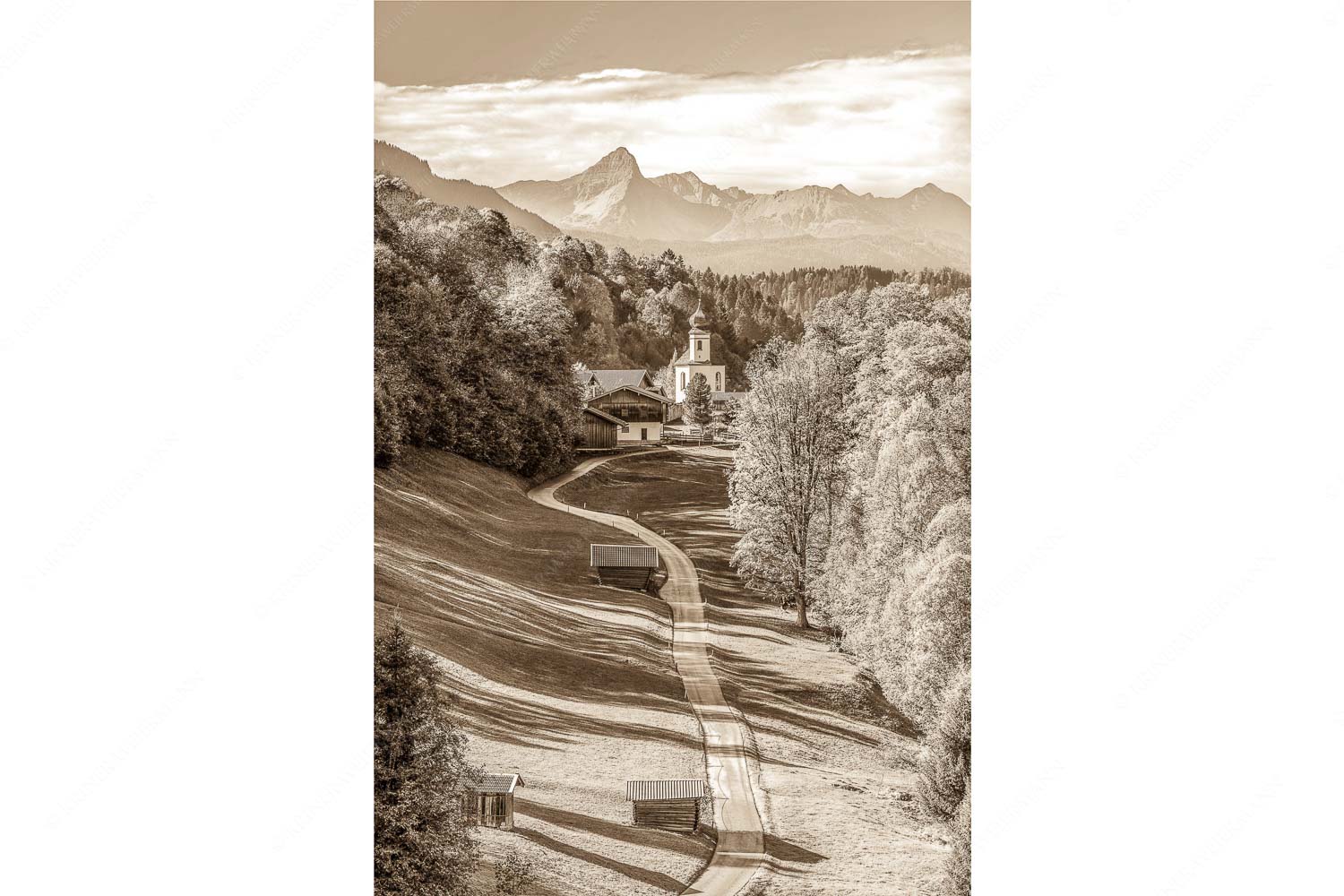 Blick über Straße nach Wamberg mit Kirche St. Anna und zum Daniel im Hintergrund - Weg zur Andacht_2zu3_sepia - mehr Infos bei www.Kriner-Weiermann.de