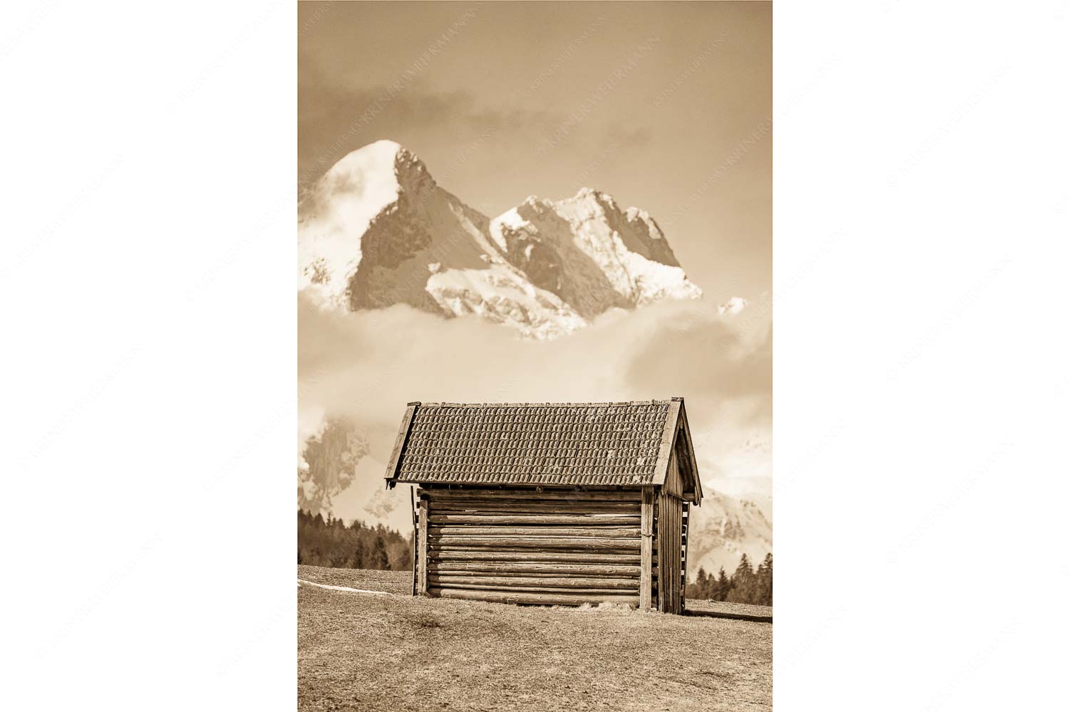 Heustadel vor Zugspitze und Alpspitze im Wetterstein - Zugspitzstadel_2zu3_sepia - mehr Infos bei www.Kriner-Weiermann.de
