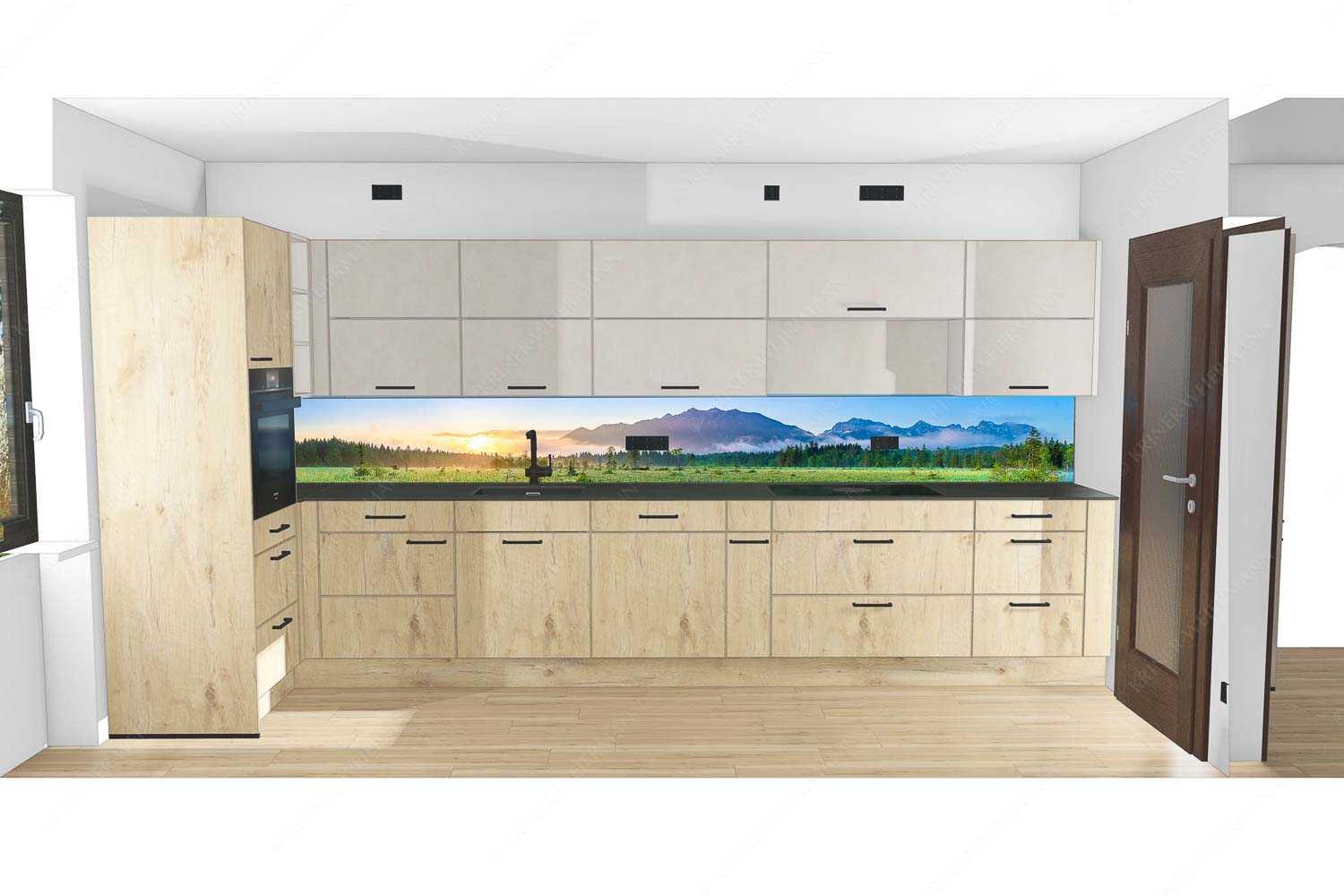 Sonnenaufgang mit Soiern- und Karwendelgebirge - Küche Morgenfrische-Soierngebirge und Karwendel 9:1 - mehr Infos bei www.Kriner-Weiermann.de