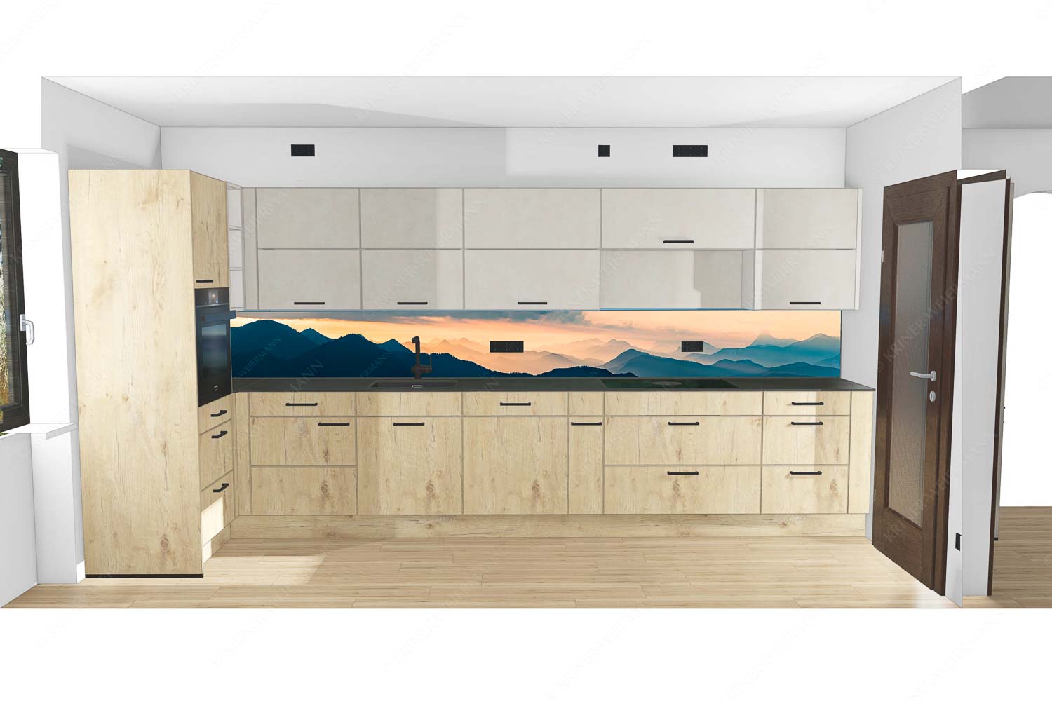 Blick in den Sonnenaufgan in die Bayrischen Voralpen - Küche Schemenhaft-Bergsilhouetten Sonnenaufgang 9:1 - mehr Infos bei www.Kriner-Weiermann.de