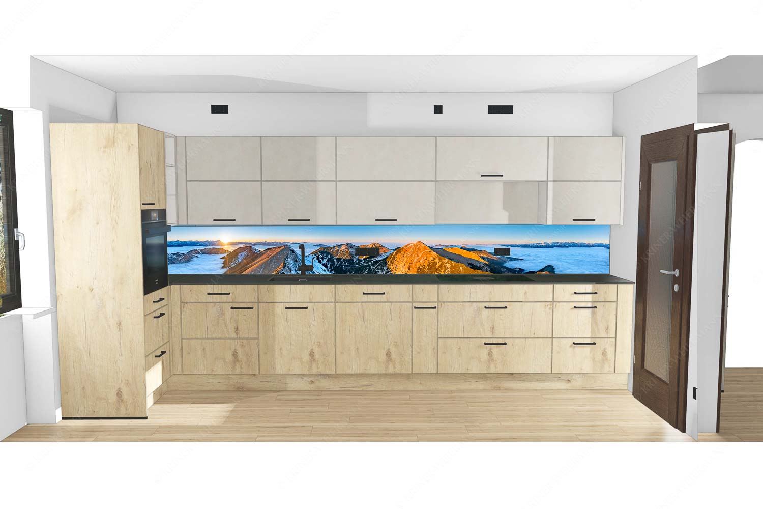 Blick über Krottenköpfe Simetsberg zur Benediktenwand und zum Sonnenuntergang an der Zugspitze - Küche Weit übern Nebel-Estergebirge Panorama mit Wetterstein 9:1 - mehr Infos bei www.Kriner-Weiermann.de