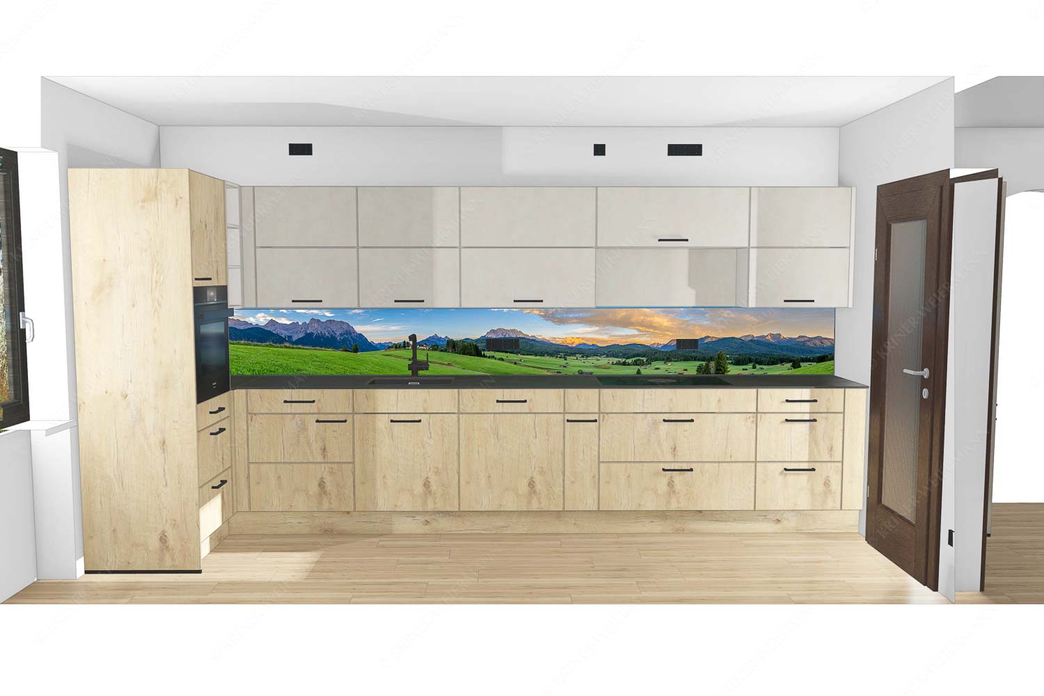 Erstes Sonnenlicht am Zugspitzmassiv - Küche Wunderbares Werdenfels-Karwendel Wetterstein und Estergebirge 9:1 - mehr Infos bei www.Kriner-Weiermann.de