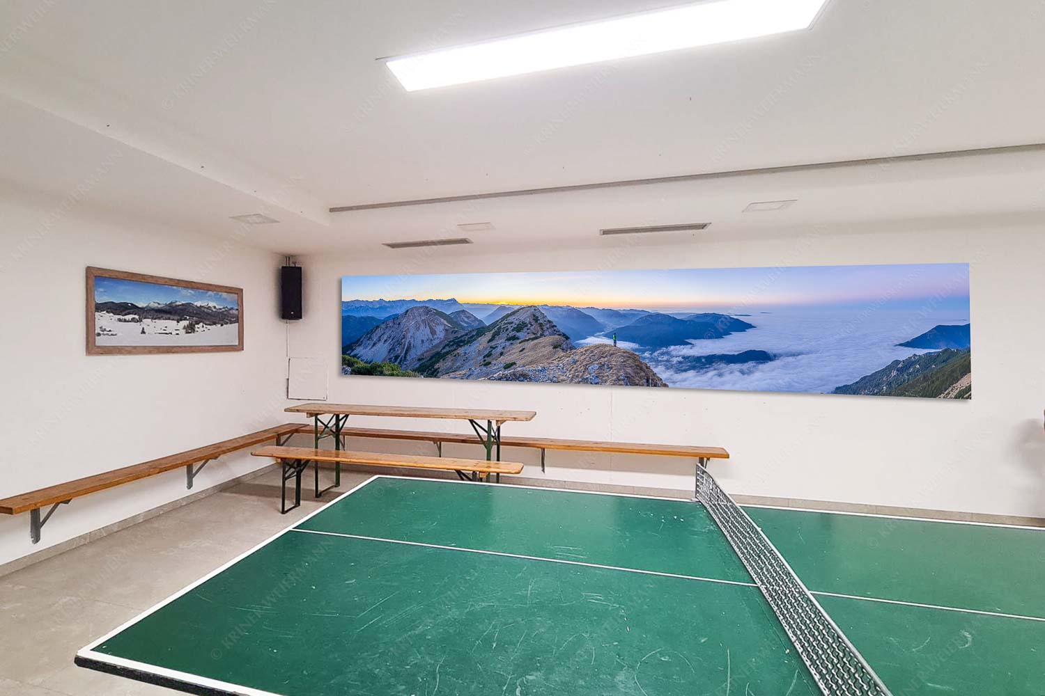 Abendstimmung im Estergebirge mit Blick auf Zugspitzmassiv und Ammergebirge - Sitzecke rechts Darunter verborgen-Zugspitzland im Nebelmeer 5:1 - mehr Infos bei www.Kriner-Weiermann.de