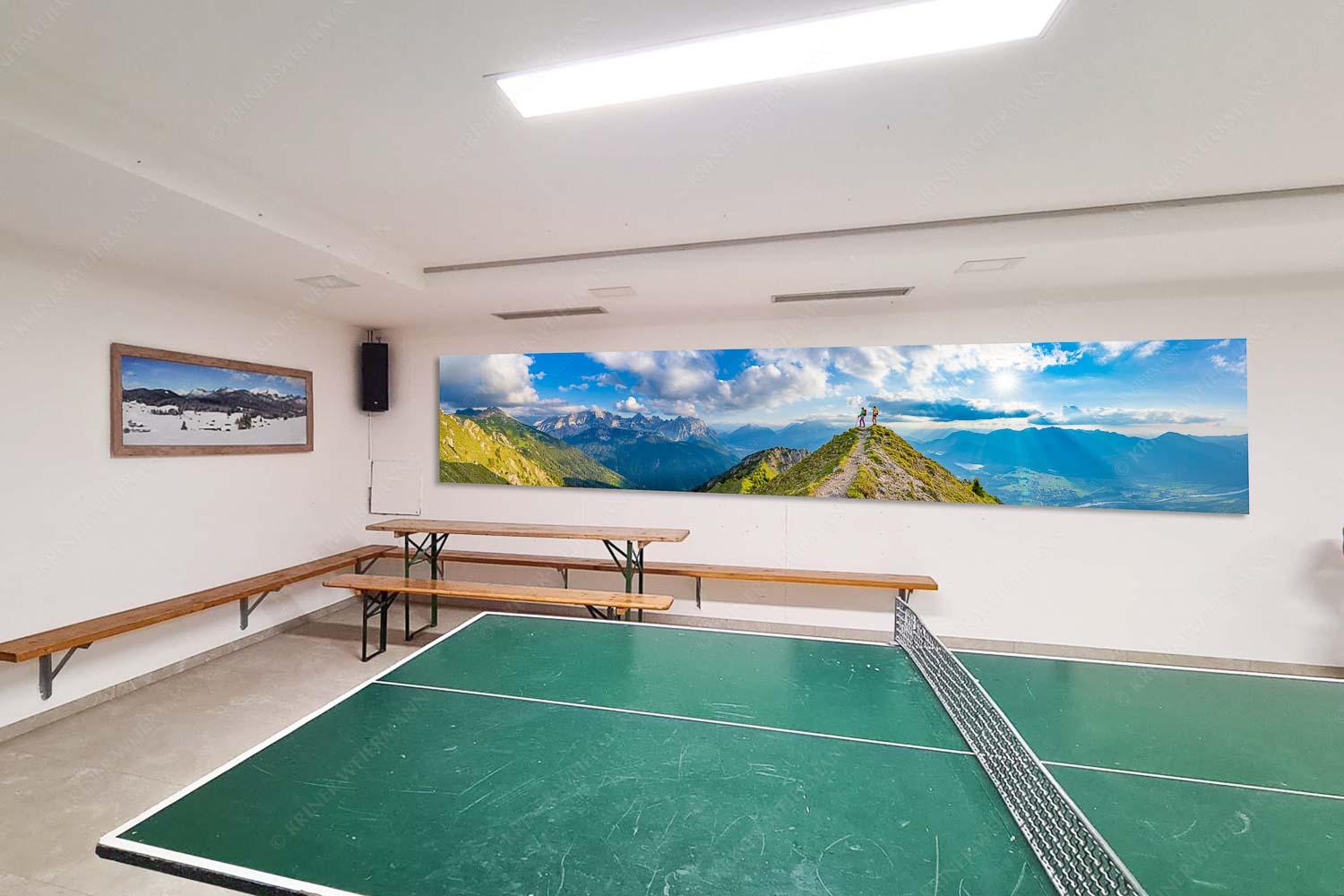 Blick über Seinskopf und Oberes Isartal in den Sonnenuntergang und ins Karwendel - Sitzecke rechts Weg ins Glück-Bergsteiger am Seinskopf im Soierngebirge 5:1 - mehr Infos bei www.Kriner-Weiermann.de