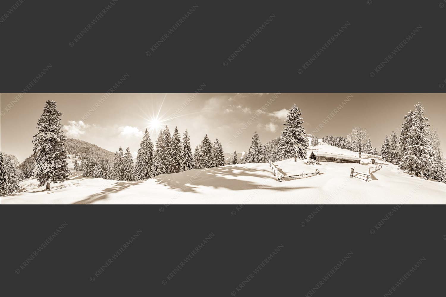 Verschneite Grasbergalm im Soierngebirge mit Krapfenkarspitze - Winterruhe 4:1 sepia -- Alm Soierngebirge Schneelandschaft - mehr Infos bei www.Kriner-Weiermann.de