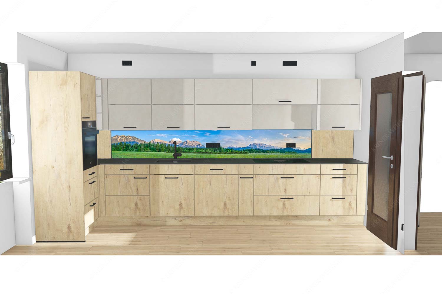 Panoramablick auf das Soiern-, Karwendel-, Wetterstein und Estergebirge - Küche mit Holz Alle im Blick-Soiern Karwendel Wetterstein und Estergebirge 7:1 - mehr Infos bei www.Kriner-Weiermann.de