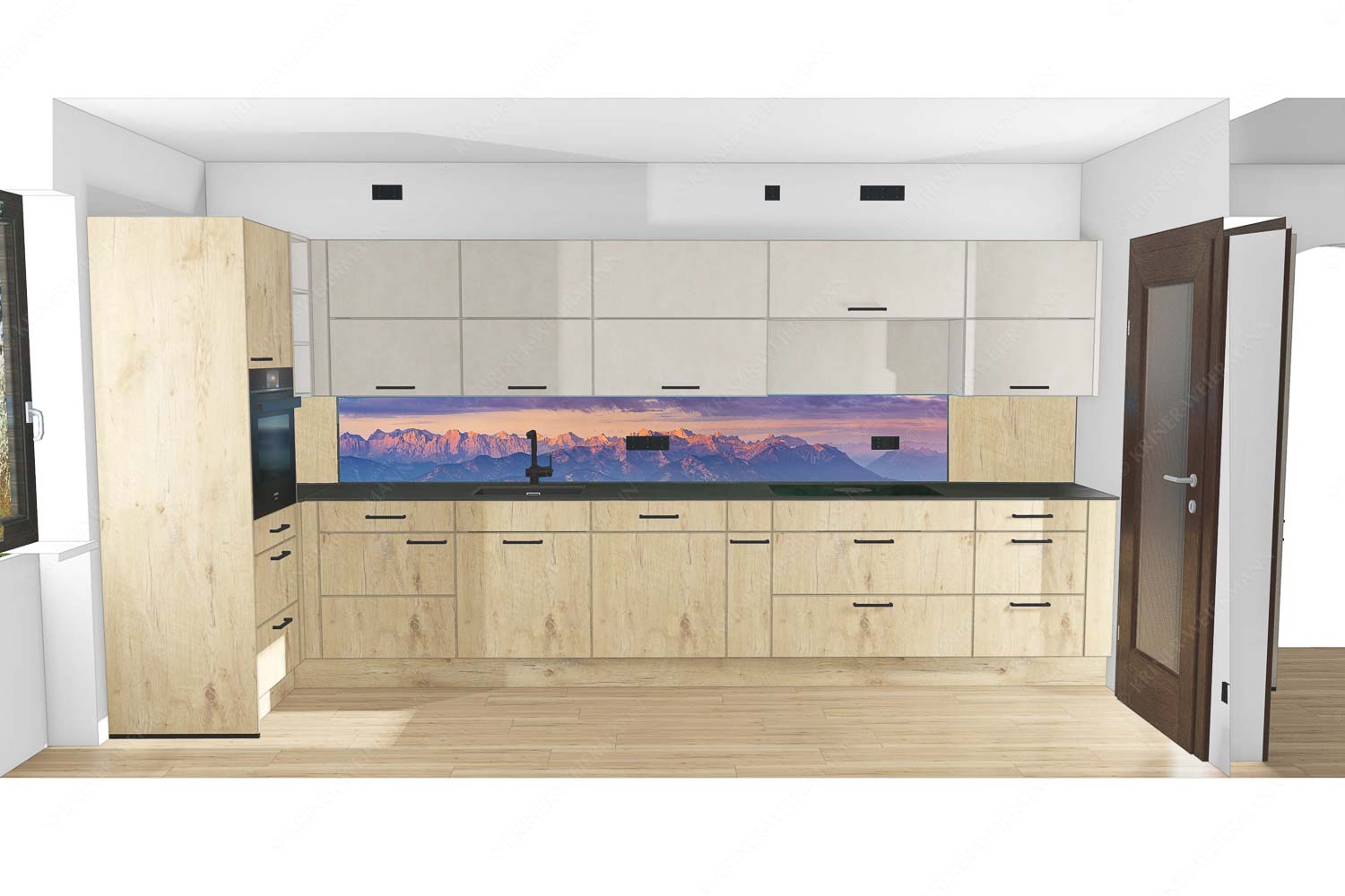 Panoramablick auf die Nordwände des Karwendels im ersten Morgenlicht - Küche mit Holz Karwendel Erwacht-Alpines Morgenpanorama 7:1 - mehr Infos bei www.Kriner-Weiermann.de