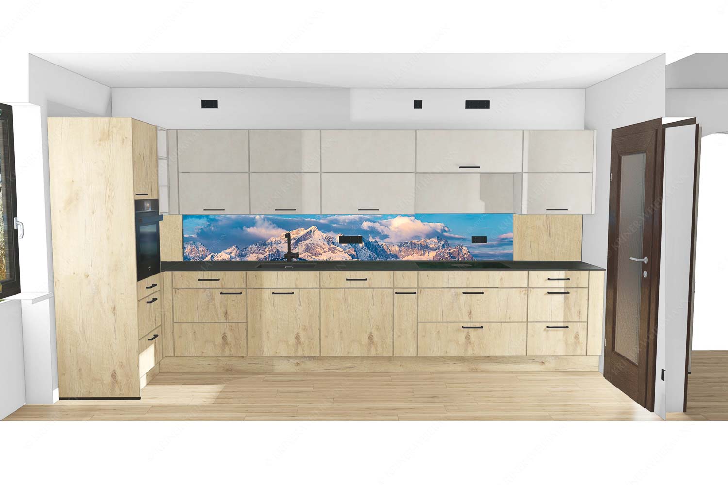 Blick auf Zugspitzmassiv mit Alpspitze, Zugspitze und Waxenstein - Küche mit Holz Klassikerkette-Alpspitze Zugspitze und Waxenstein 7:1 - mehr Infos bei www.Kriner-Weiermann.de