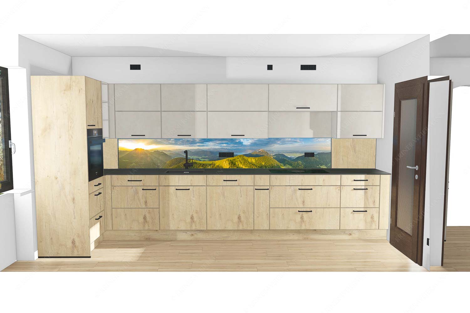 Sonnenaufgang über Benediktenwand mit Jachenau und Walchensee - Küche mit Holz Licht über dem Land-Hirschhörnlkopf Pfundalm Benediktenwand 7:1 - mehr Infos bei www.Kriner-Weiermann.de