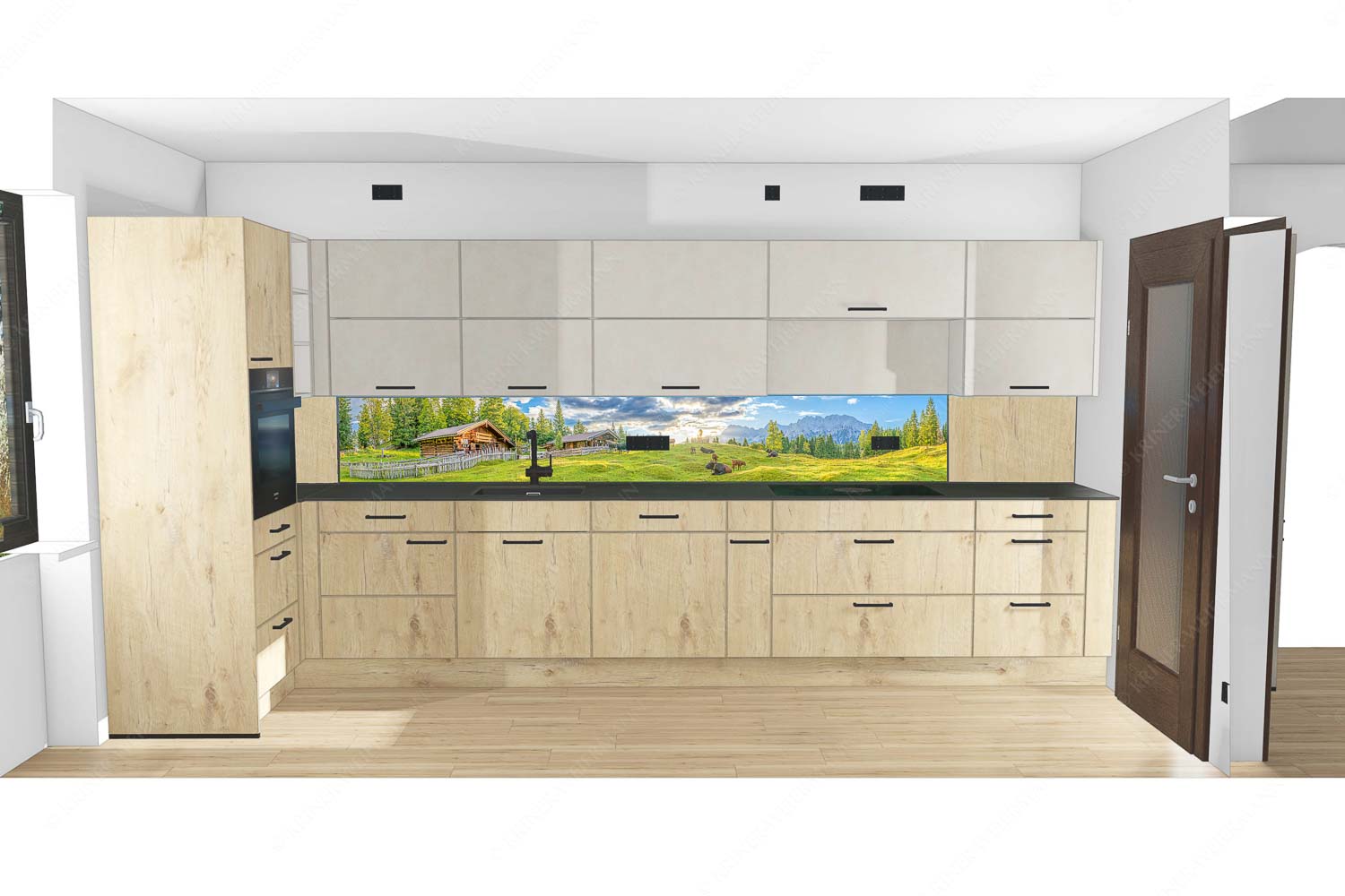 Friedliche Almwiese bei Mittenwald mit Karwendel im Morgenlicht - Küche mit Holz Oimarisch-Mittenwald Buckelwiesen Alm 7:1 - mehr Infos bei www.Kriner-Weiermann.de