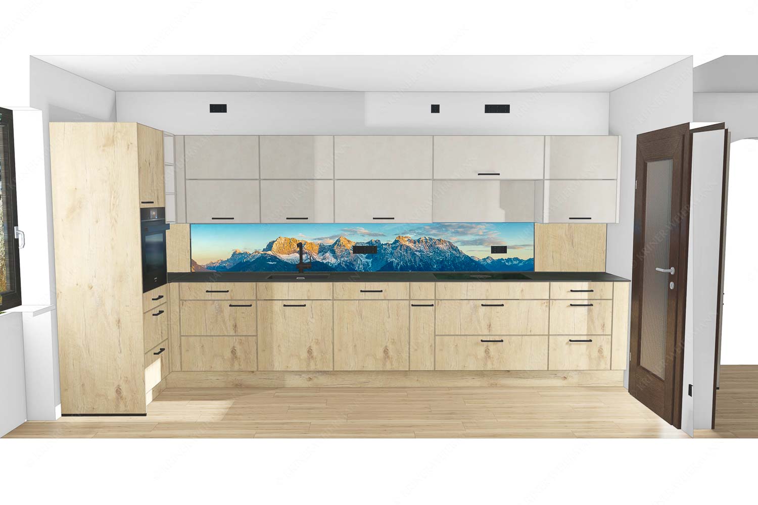 Blick auf das Karwendelgebirge bei Sonnenuntergang - Küche mit Holz Täglich schön-Karwendel Mittenwald 7:1 - mehr Infos bei www.Kriner-Weiermann.de